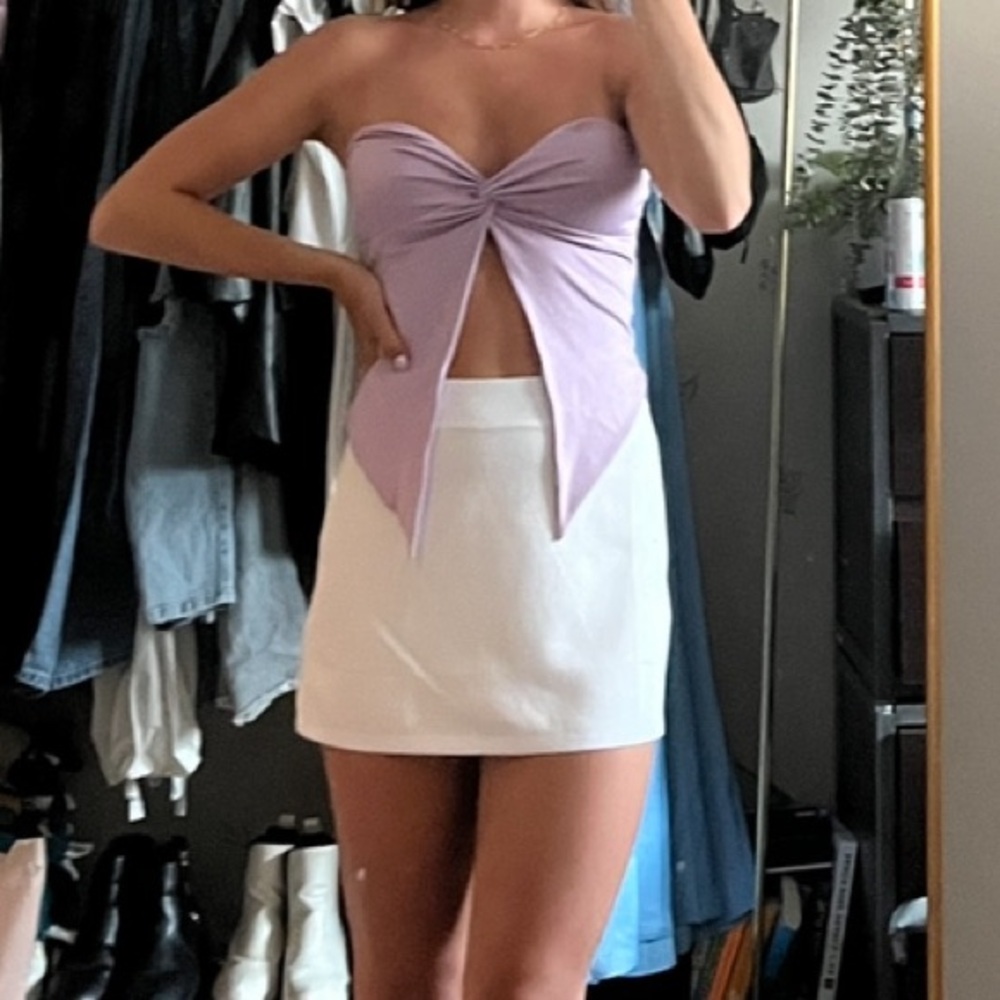 Purple open front strapless top